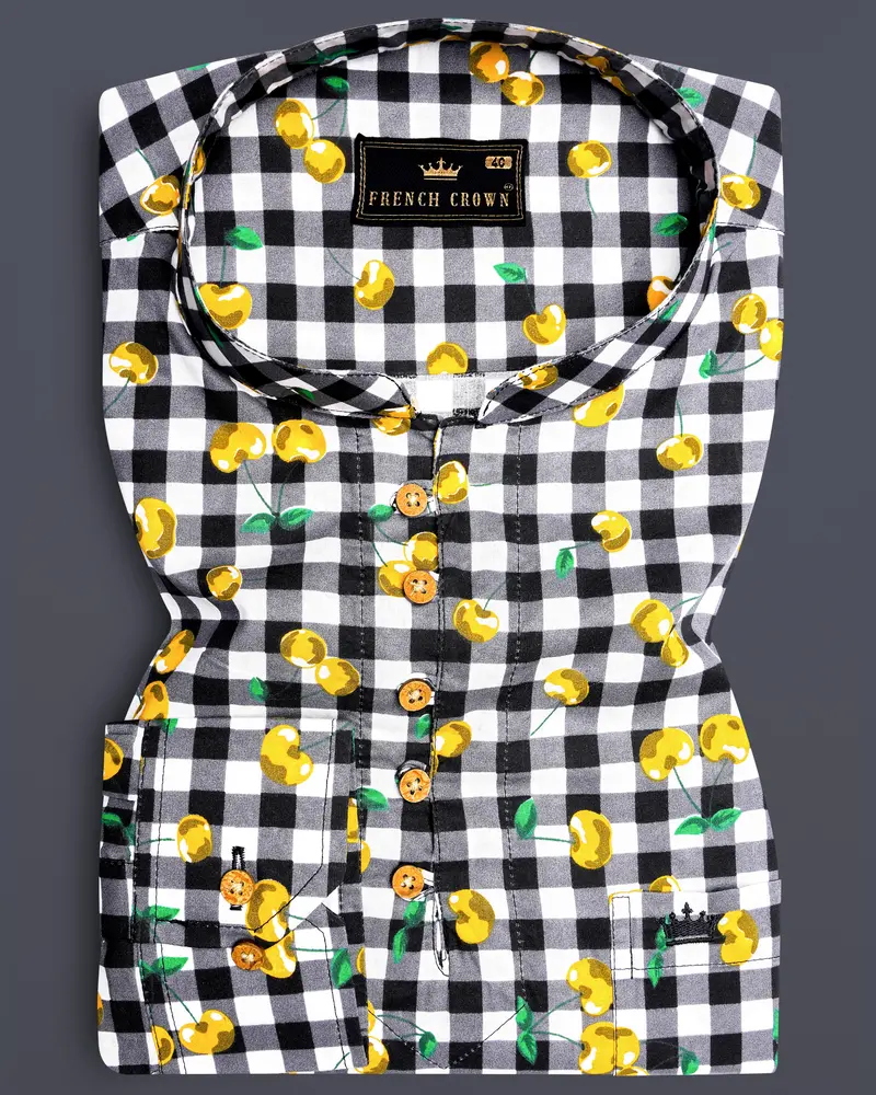 Jade Black And White Checked With Yellow Cherries Printed Premium Cotton Shirt 1