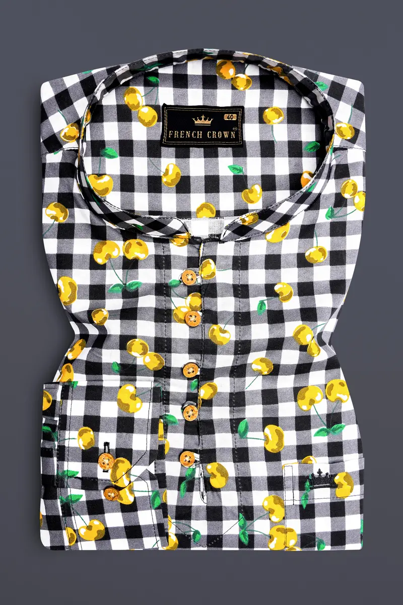 Jade Black And White Checked With Yellow Cherries Printed Premium Cotton Shirt 2