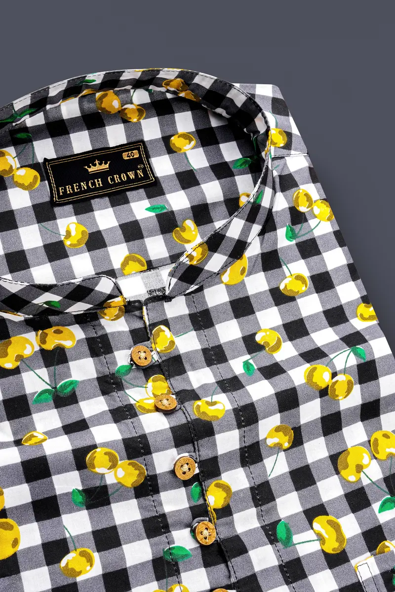 Jade Black And White Checked With Yellow Cherries Printed Premium Cotton Shirt 4
