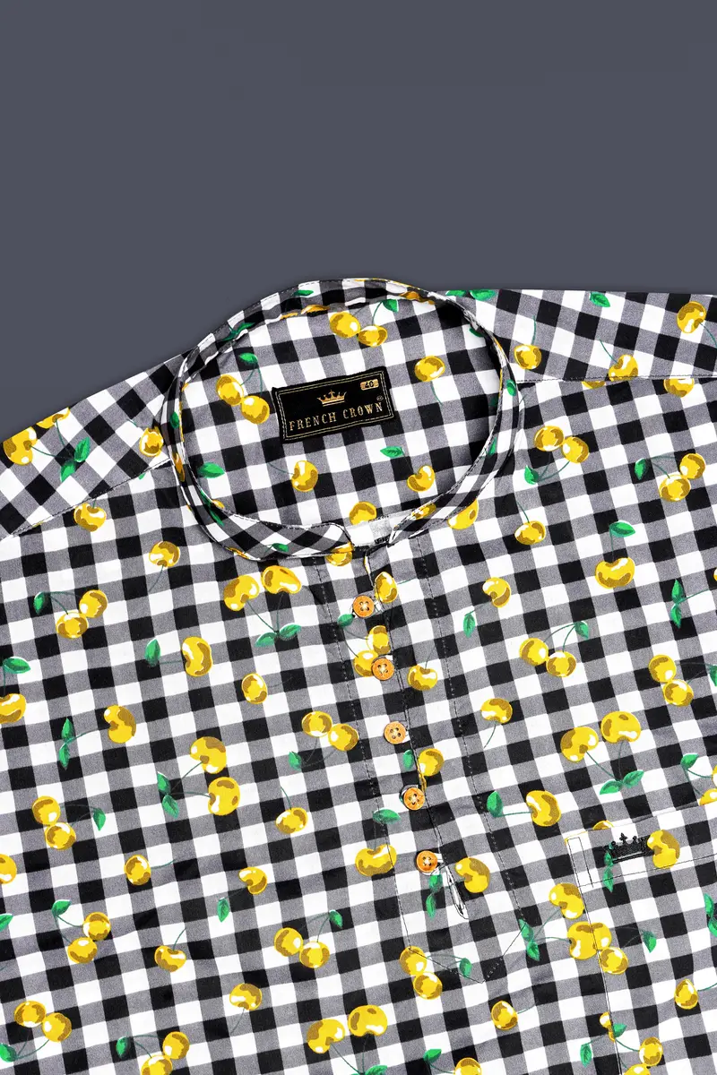 Jade Black And White Checked With Yellow Cherries Printed Premium Cotton Shirt 5
