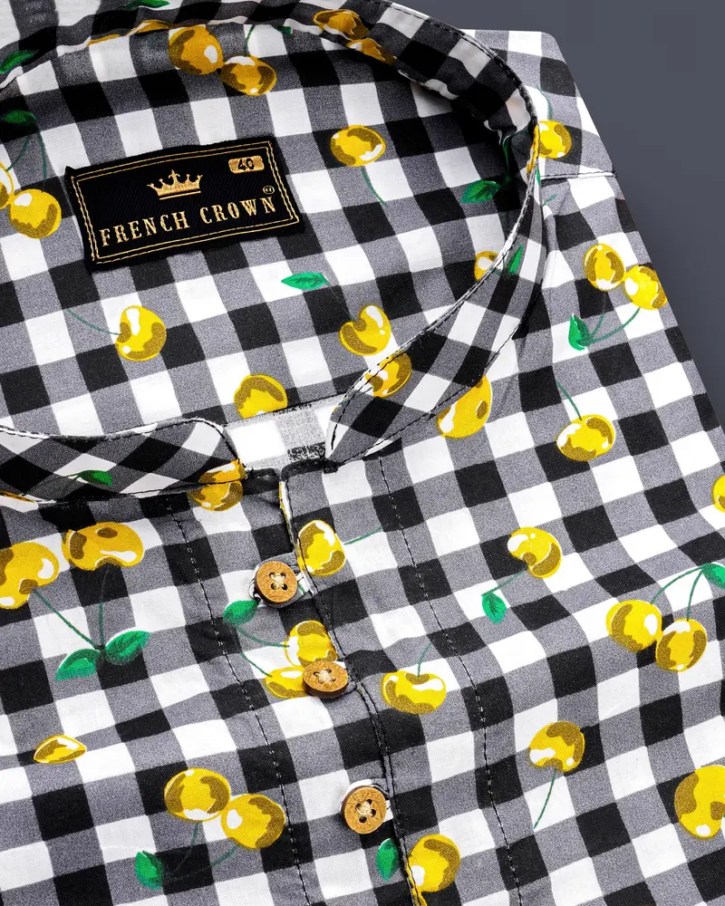 Jade Black And White Checked With Yellow Cherries Printed Premium Cotton Shirt 6
