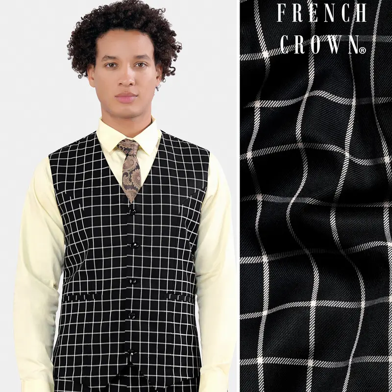 Jade Black And White Checkered Wool Rich Waistcoat 1