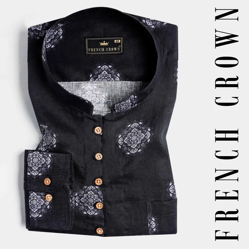 Jade Black And White Floral Printed Luxurious Linen Kurta Shirt 1