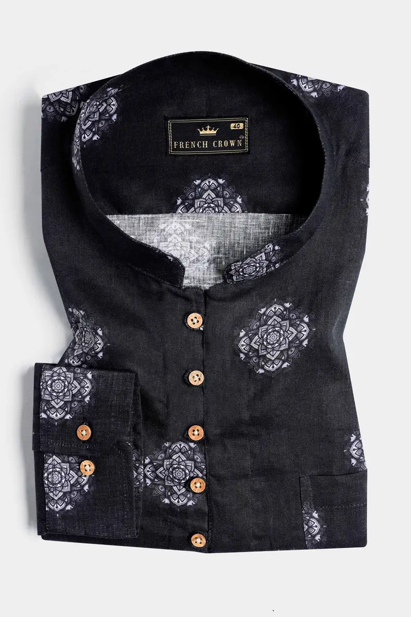 Jade Black And White Floral Printed Luxurious Linen Kurta Shirt 2