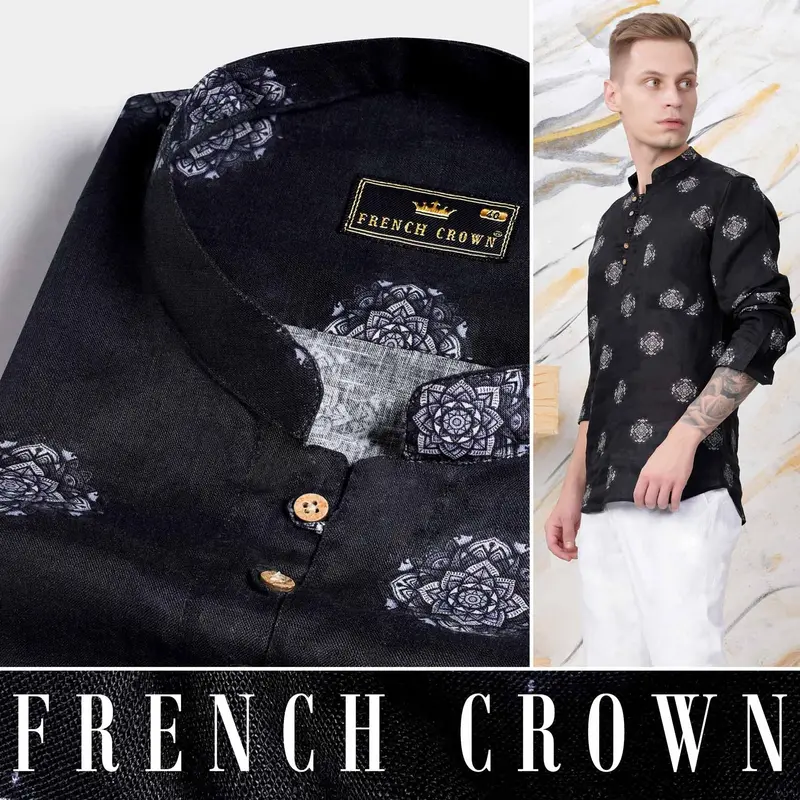 Jade Black And White Floral Printed Luxurious Linen Kurta Shirt 5