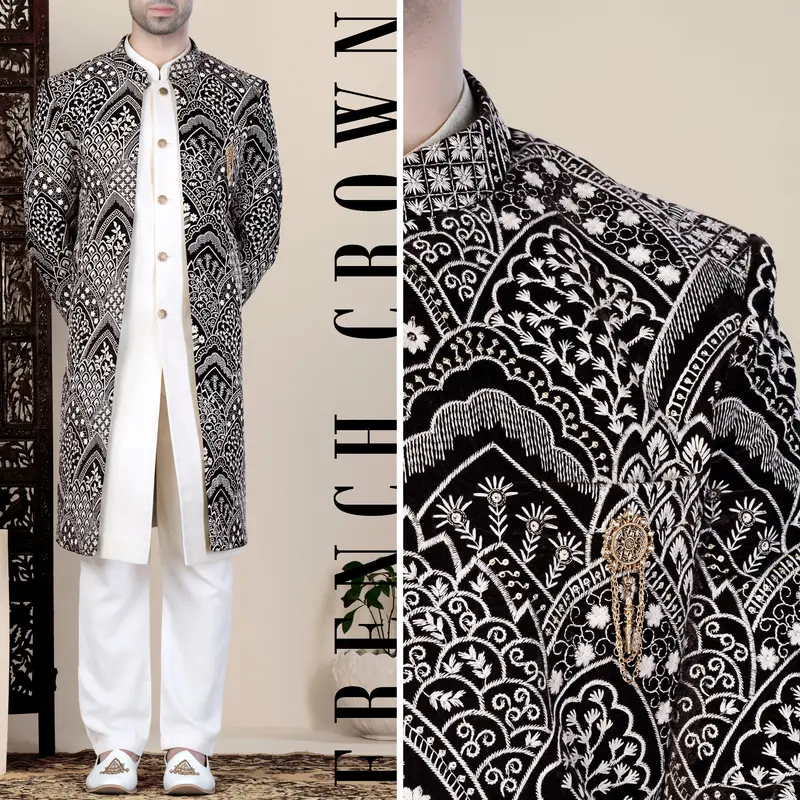 Jade Black And White Floral Thread Embroidered Indo-Western 1