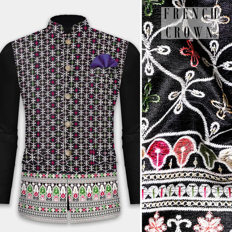 Jade Black And White Multicolour Ogee Pattern Embroidered Nehru Jacket 1