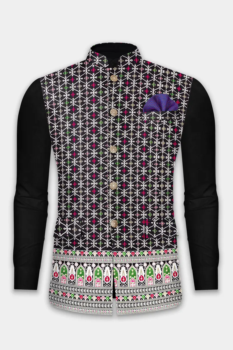 Jade Black And White Multicolour Ogee Pattern Embroidered Nehru Jacket 2