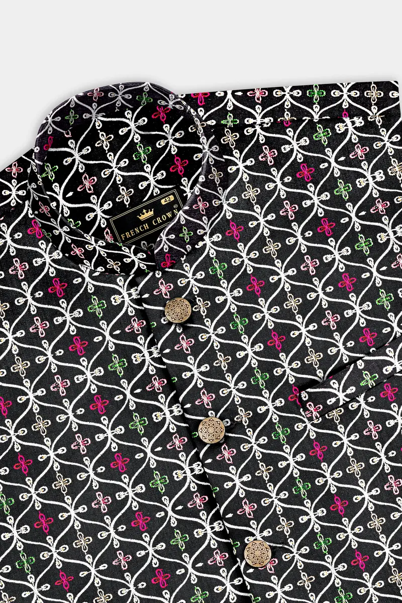 Jade Black And White Multicolour Ogee Pattern Embroidered Nehru Jacket 4