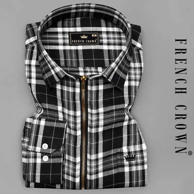 Jade Black And White Plaid Flannel Designer Shirt With Zipper Closure 1