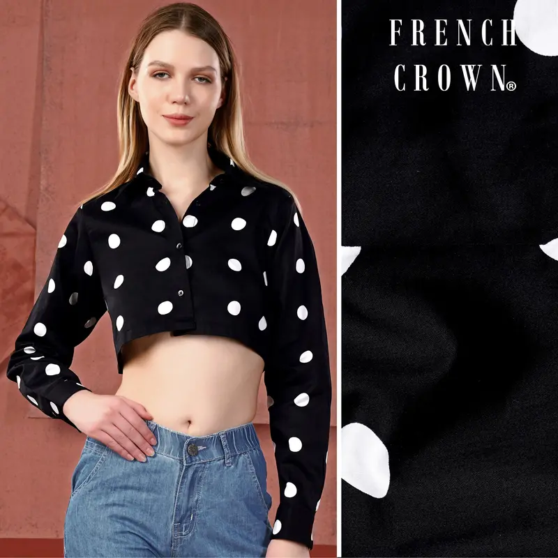 Jade Black And White Polka Dots Premium Cotton Crop Shirt 1