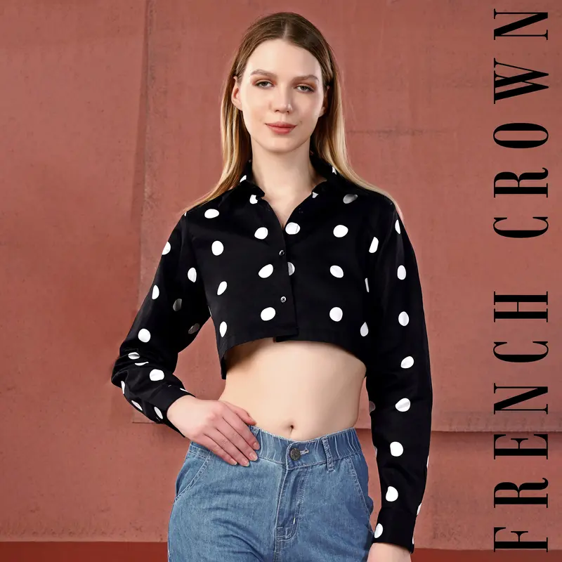 Jade Black And White Polka Dots Premium Cotton Crop Shirt 1