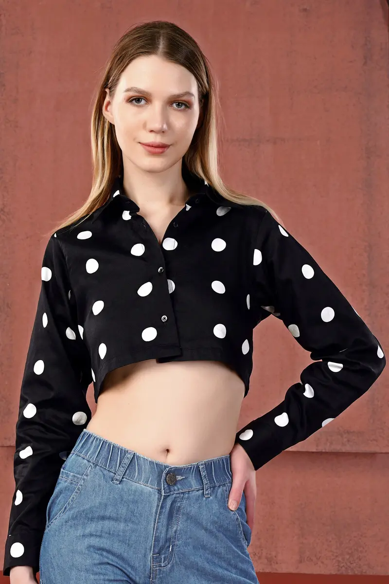 Jade Black And White Polka Dots Premium Cotton Crop Shirt 4