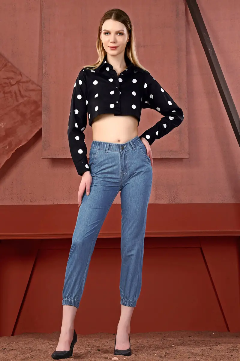Jade Black And White Polka Dots Premium Cotton Crop Shirt 5
