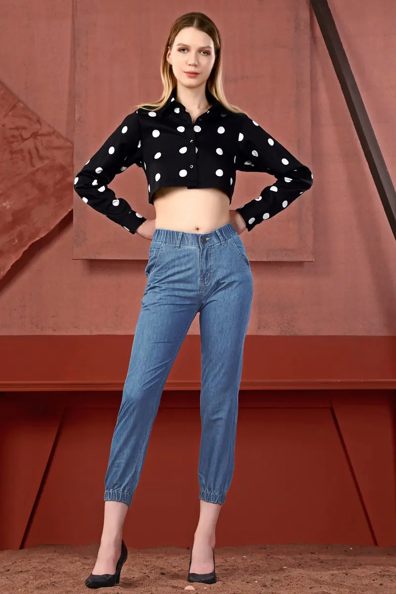 Jade Black And White Polka Dots Premium Cotton Crop Shirt 6