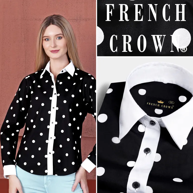 Jade Black And White Polka Dots Premium Cotton Shirt With White Cuff And Collar 1