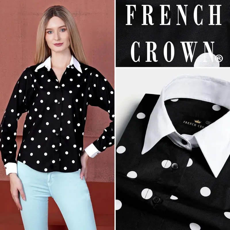 Jade Black And White Polka Dots Premium Cotton Shirt With White Cuffs And Collar 1
