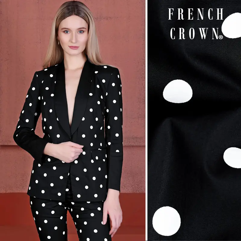 Jade Black And White Polka Dots Premium Cotton Women’S Tuxedo Blazer 1