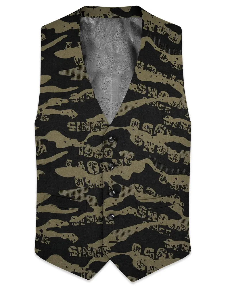 Jade Black And Woodland Green Camouflage Printed Cotton Waistcoat 1