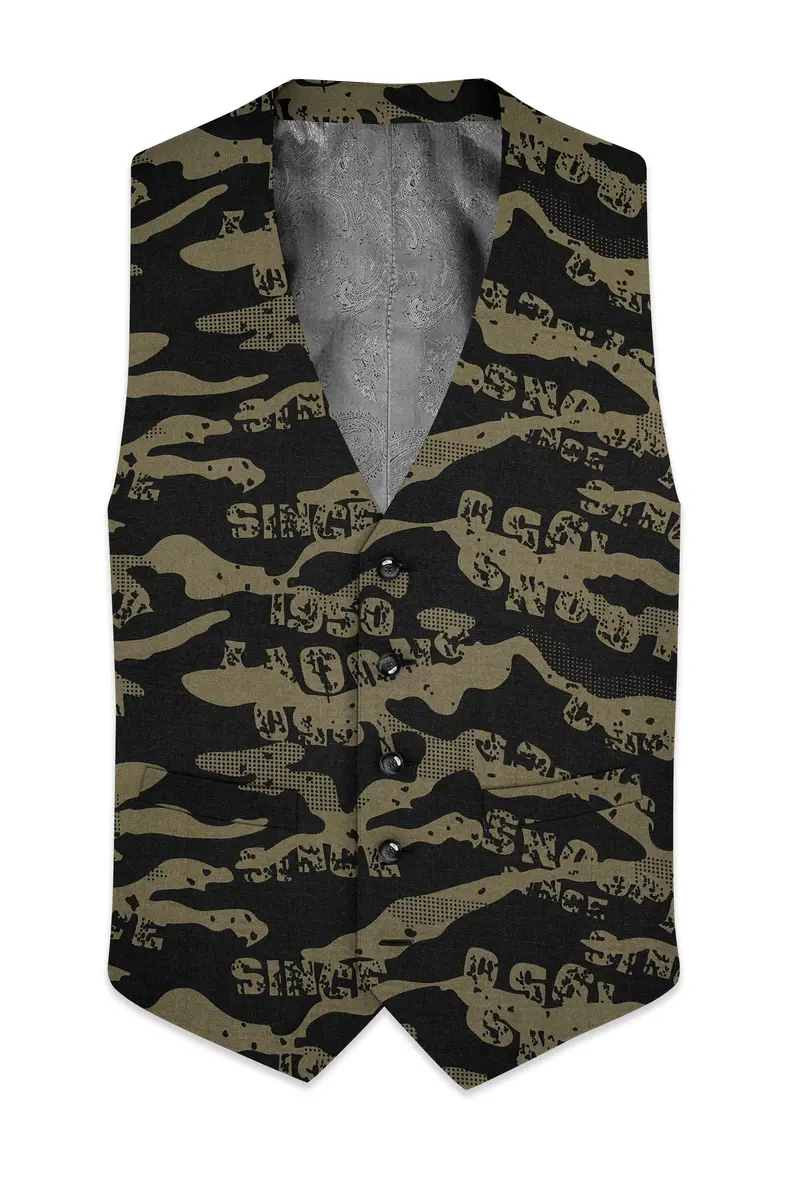Jade Black And Woodland Green Camouflage Printed Cotton Waistcoat 2
