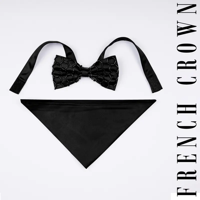 Jade Black Artisanal Aari Embroidered Designed Bow-Tie With Pocket Square 1