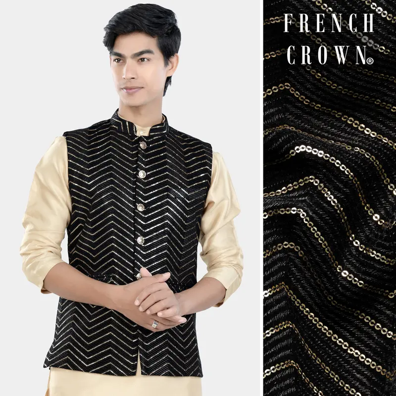 Jade Black Chevron Thread And Sequin Embroidered Designer Nehru Jacket 1