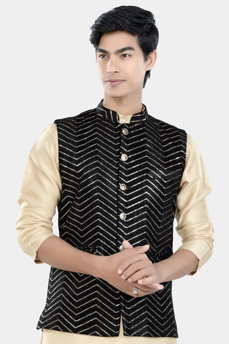 Jade Black Chevron Thread And Sequin Embroidered Designer Nehru Jacket 2