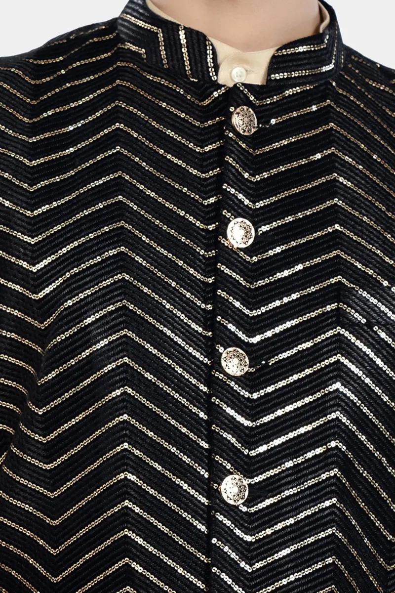 Jade Black Chevron Thread And Sequin Embroidered Designer Nehru Jacket 4