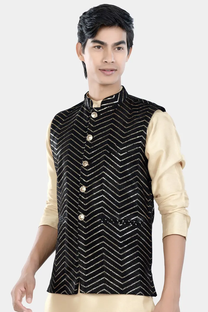 Jade Black Chevron Thread And Sequin Embroidered Designer Nehru Jacket 5