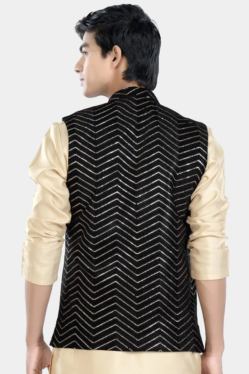 Jade Black Chevron Thread And Sequin Embroidered Designer Nehru Jacket 6