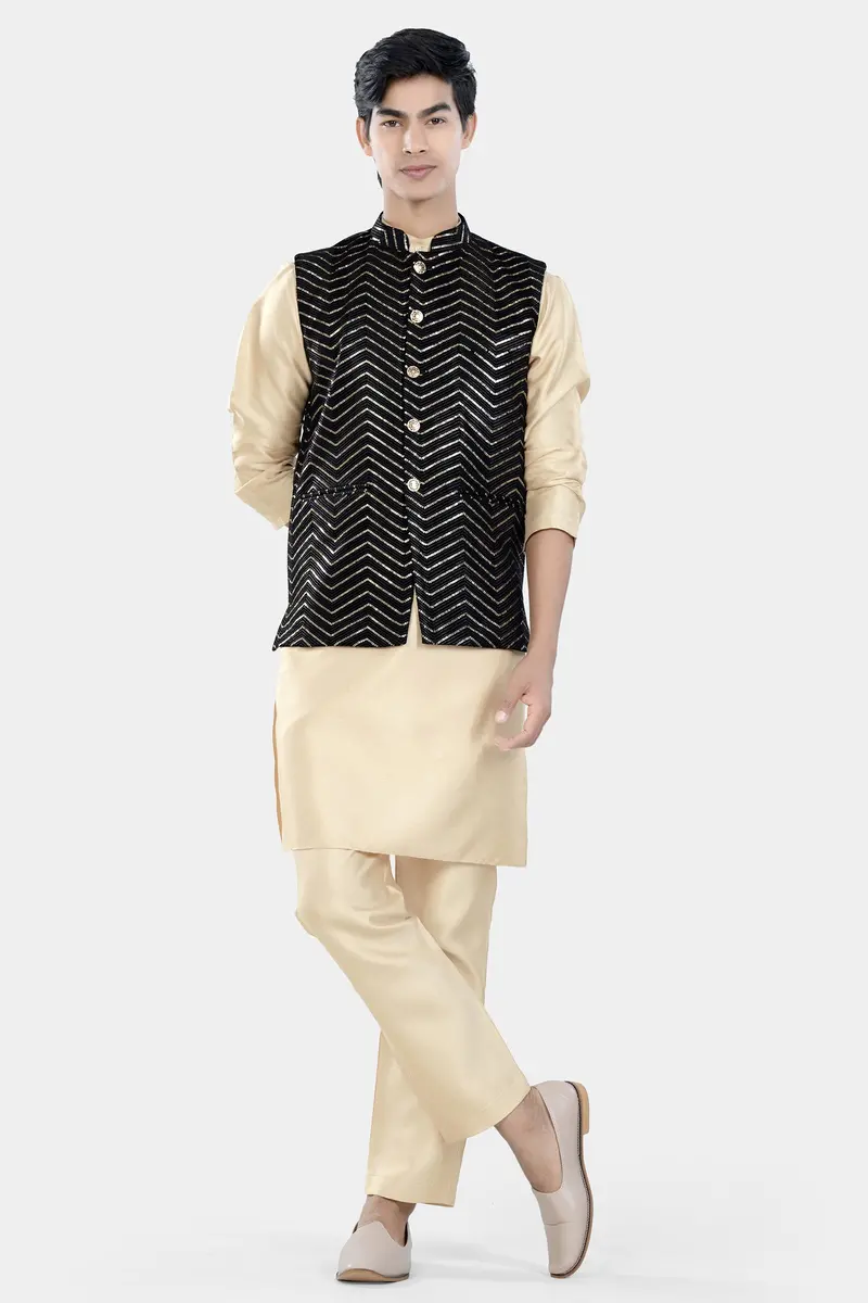 Jade Black Chevron Thread And Sequin Embroidered Designer Nehru Jacket 7