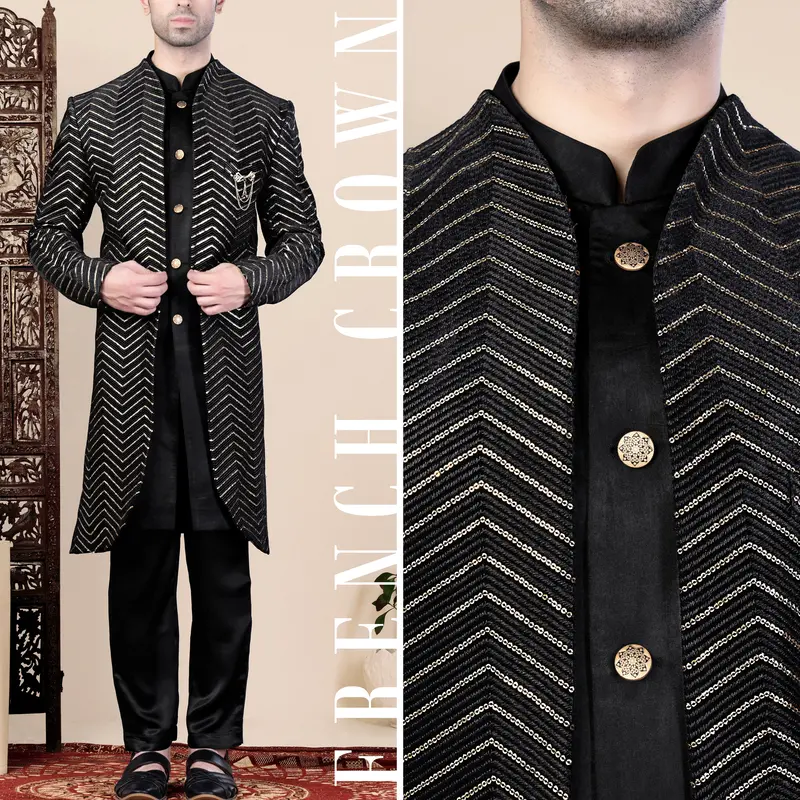 Jade Black Chevron Thread And Sequin Embroidered Indo-Western 1
