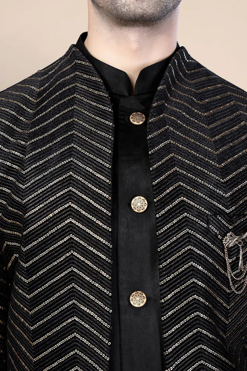 Jade Black Chevron Thread And Sequin Embroidered Indo-Western 4