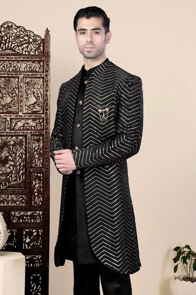 Jade Black Chevron Thread And Sequin Embroidered Indo-Western 5