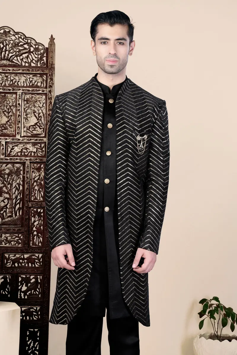 Jade Black Chevron Thread And Sequin Embroidered Indo-Western 6
