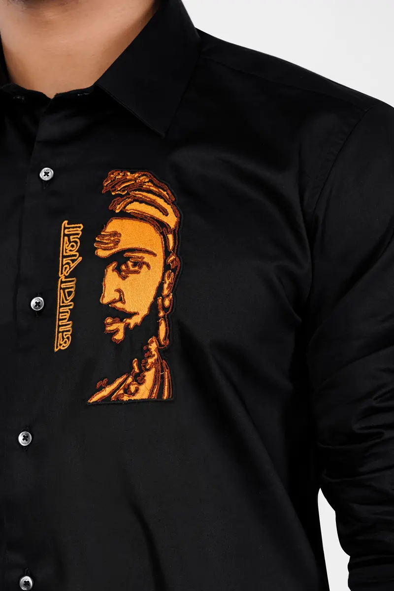 Jade Black Chhatrapati Shivaji Maharaj Embroidered Subtle Sheen Super Soft Premium Cotton Designer Shirt 1