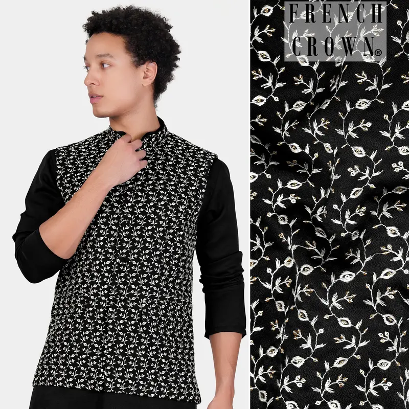 Jade Black Ditsy Pattern Thread And Sequin Embroidered Designer Viscose Nehru Jacket 1