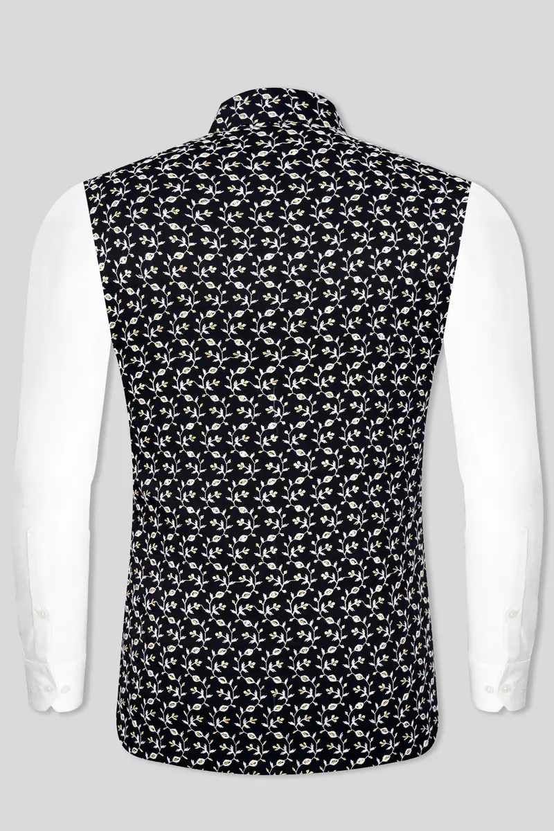 Jade Black Ditsy Pattern Thread And Sequin Embroidered Designer Viscose Nehru Jacket 10
