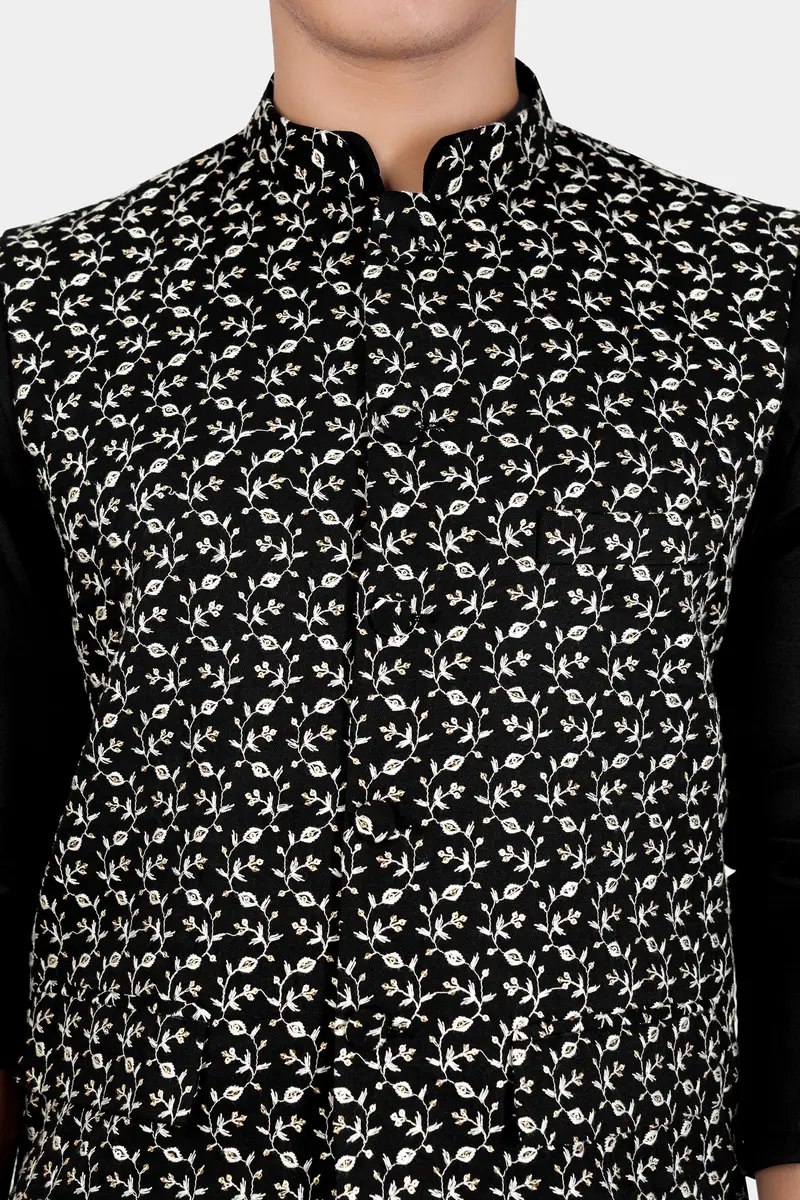 Jade Black Ditsy Pattern Thread And Sequin Embroidered Designer Viscose Nehru Jacket 4