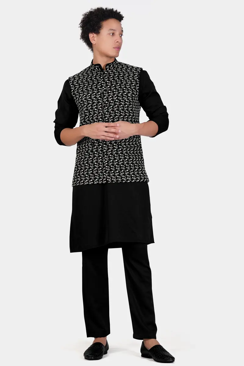 Jade Black Ditsy Pattern Thread And Sequin Embroidered Designer Viscose Nehru Jacket 6
