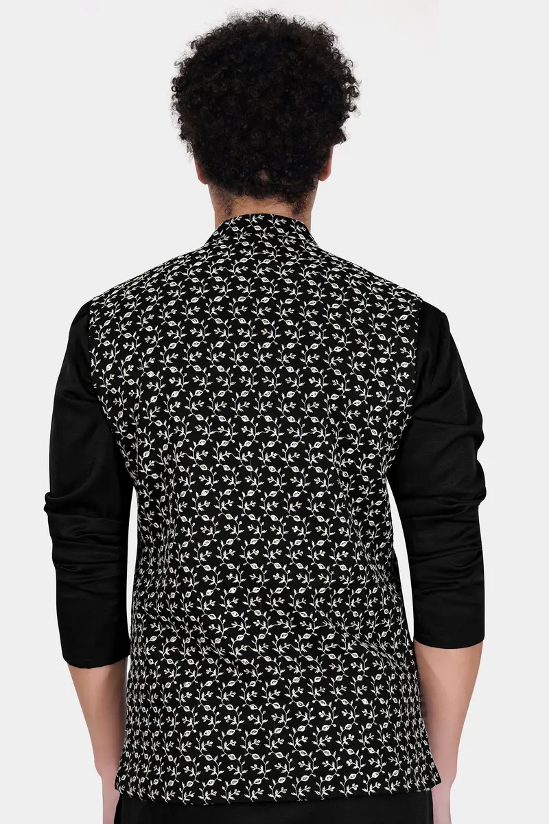 Jade Black Ditsy Pattern Thread And Sequin Embroidered Designer Viscose Nehru Jacket 7