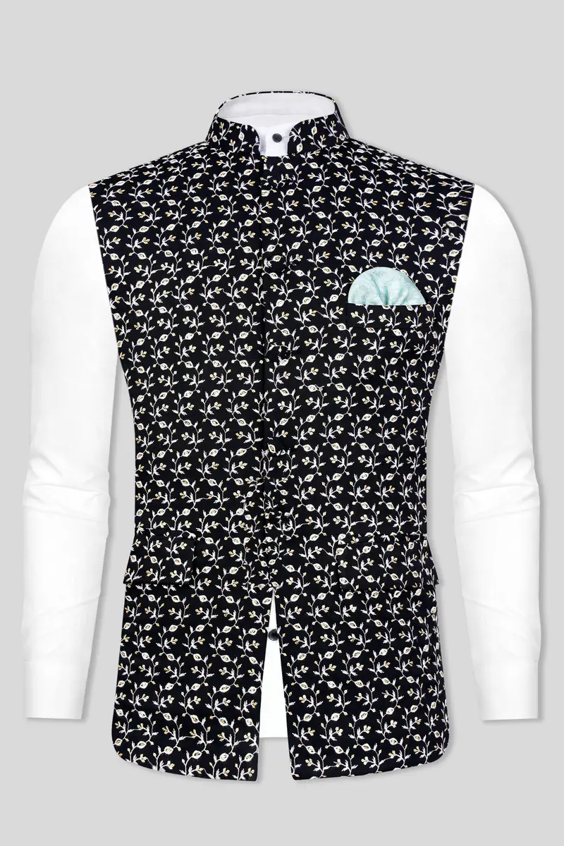 Jade Black Ditsy Pattern Thread And Sequin Embroidered Designer Viscose Nehru Jacket 8