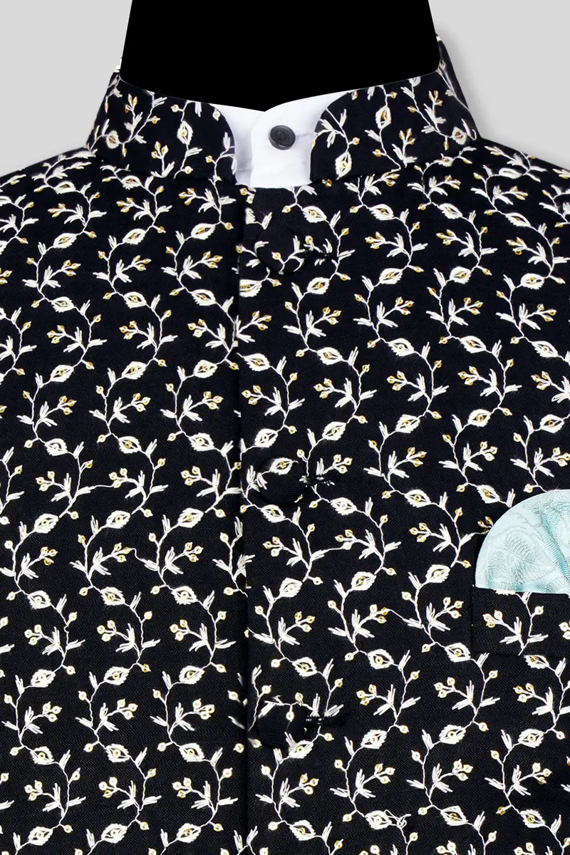 Jade Black Ditsy Pattern Thread And Sequin Embroidered Designer Viscose Nehru Jacket 9