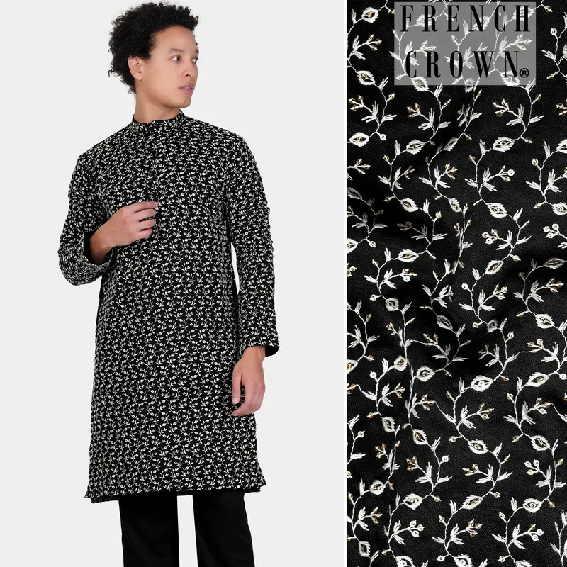 Jade Black Ditsy Pattern Thread And Sequin Embroidered Subtle Sheen Viscose Designer Kurta 1