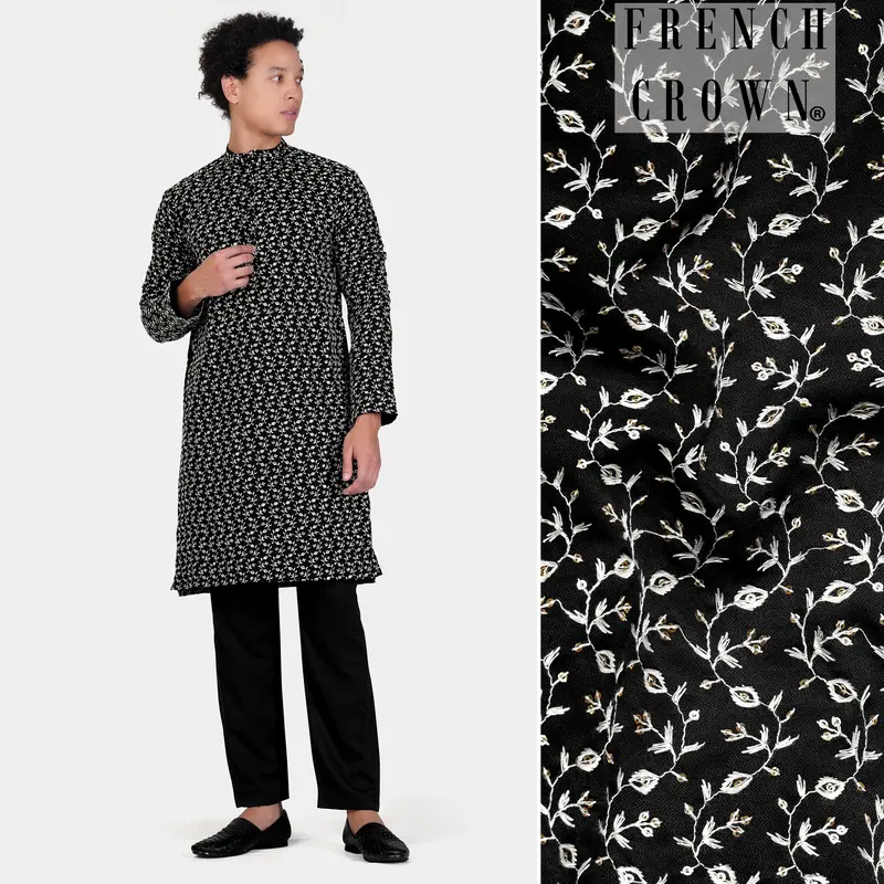 Jade Black Ditsy Pattern Thread And Sequin Embroidered Subtle Sheen Viscose Designer Kurta Set 1