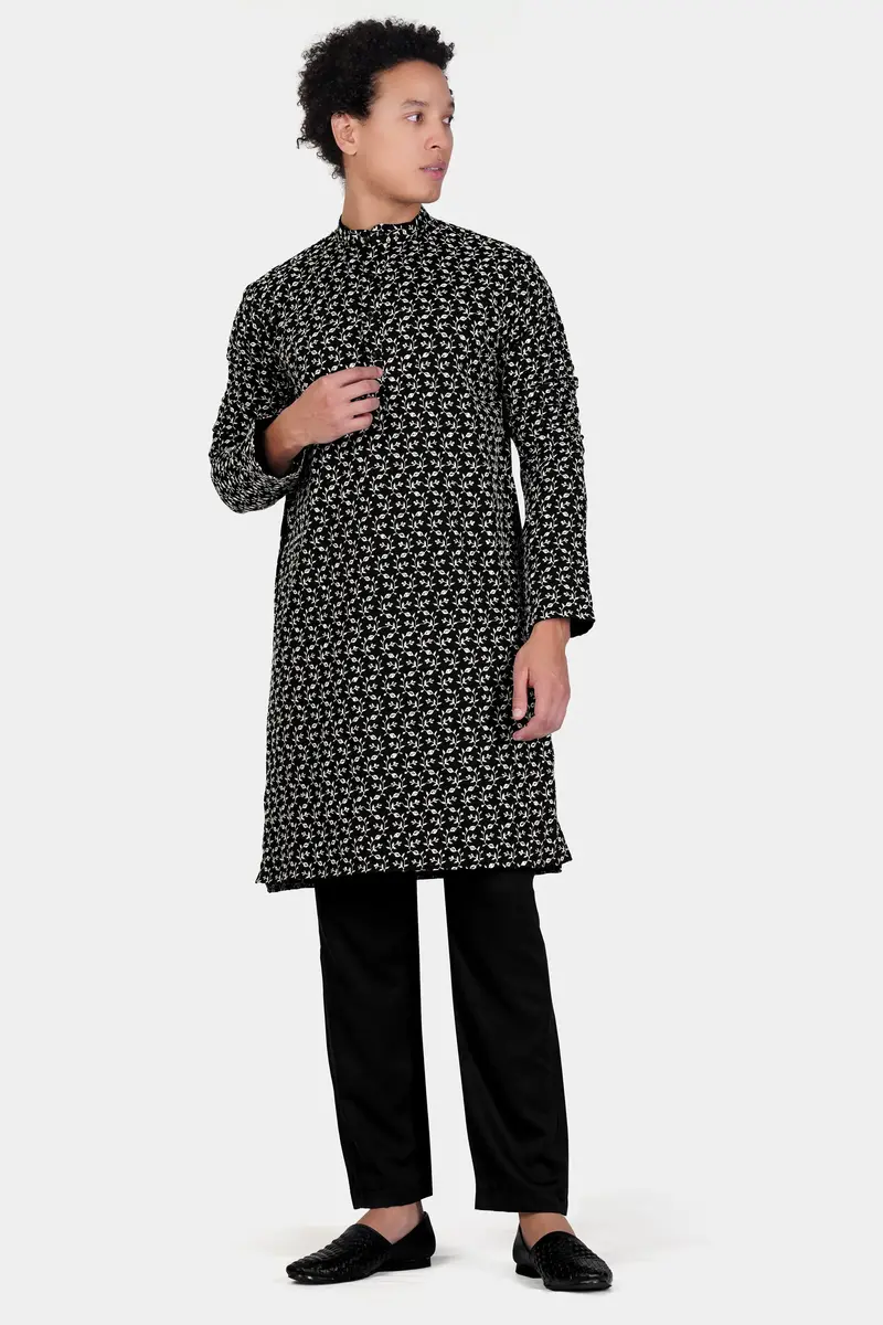 Jade Black Ditsy Pattern Thread And Sequin Embroidered Subtle Sheen Viscose Designer Kurta Set 2