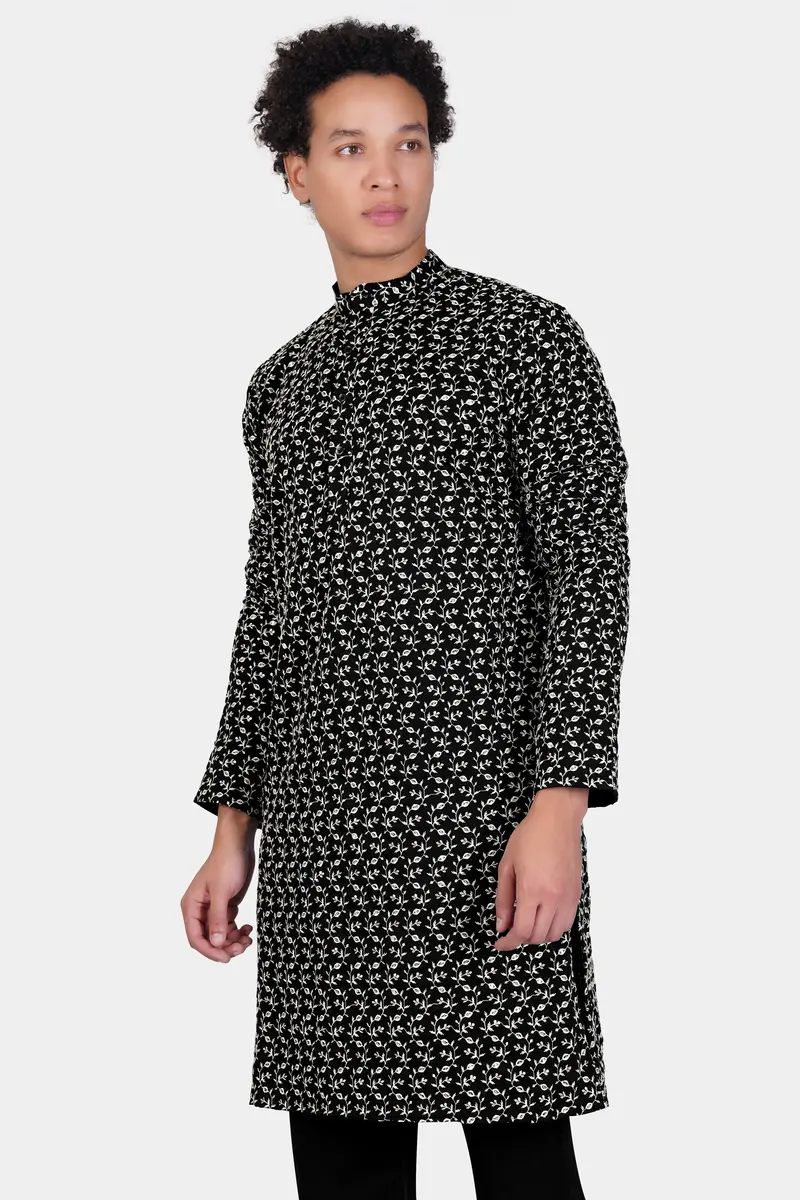 Jade Black Ditsy Pattern Thread And Sequin Embroidered Subtle Sheen Viscose Designer Kurta Set 5