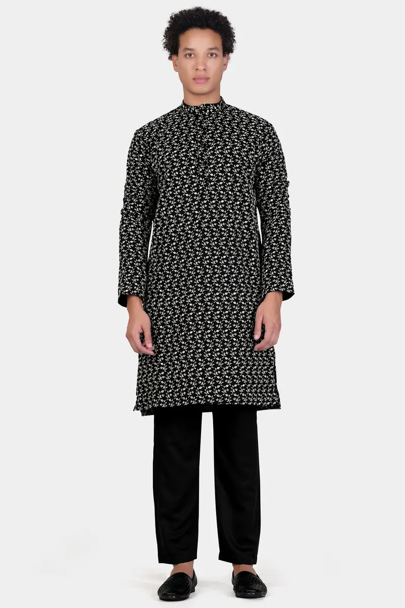 Jade Black Ditsy Pattern Thread And Sequin Embroidered Subtle Sheen Viscose Designer Kurta Set 6