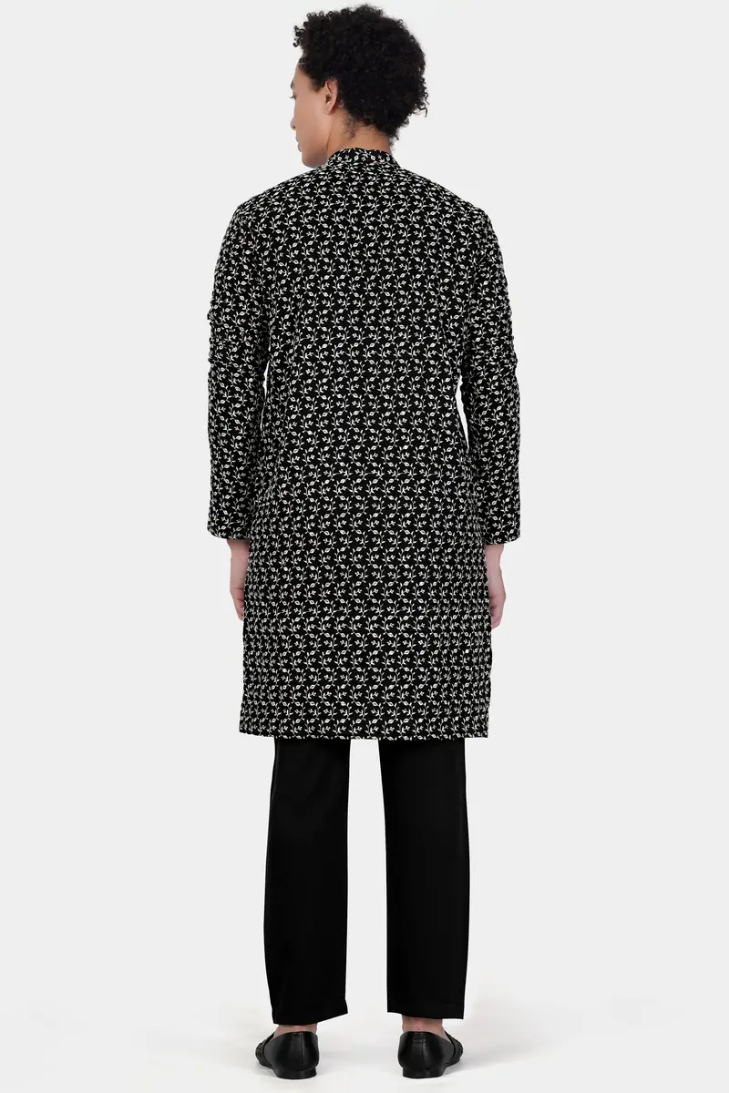 Jade Black Ditsy Pattern Thread And Sequin Embroidered Subtle Sheen Viscose Designer Kurta Set 7