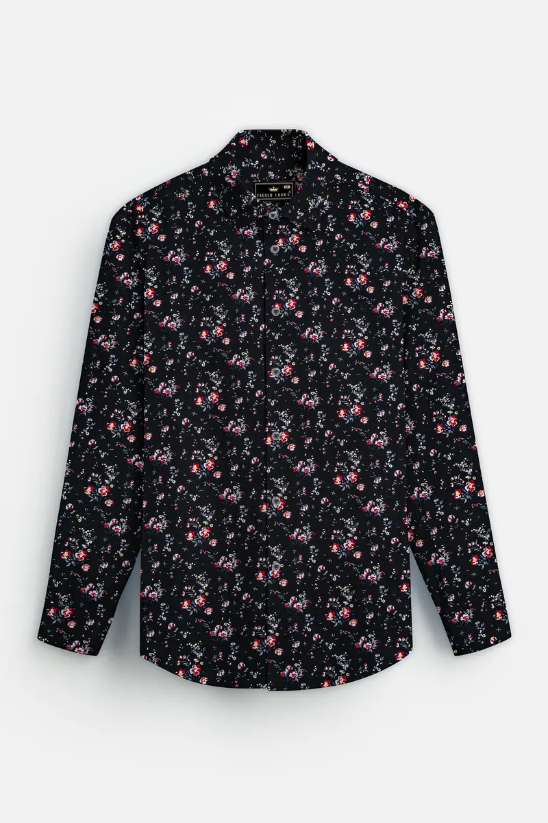 Jade Black Ditzy Floral Printed Twill Premium Cotton Shirt 4